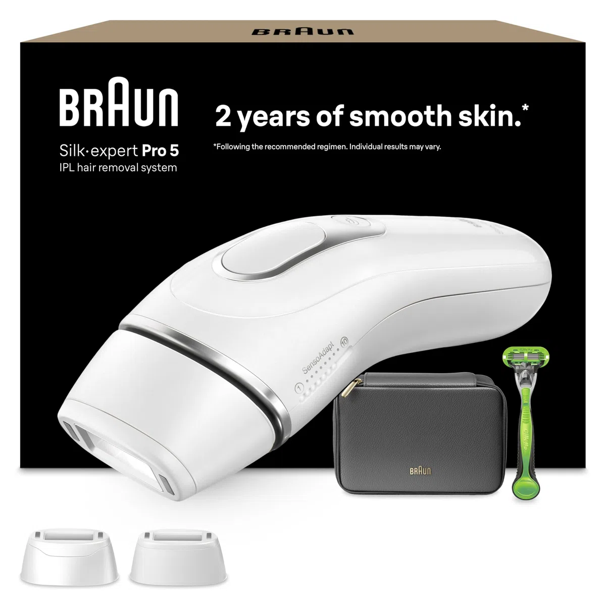 Braun Silk·expert Pro 5 Epilatore LUCE PULSATA, Epilazione A Casa, Alternativa All’Epilazione laser, Con Custodia, Rasoio Uomo Gillette, 2 Testine, Idea Regalo, Bianco/Oro, PL5145