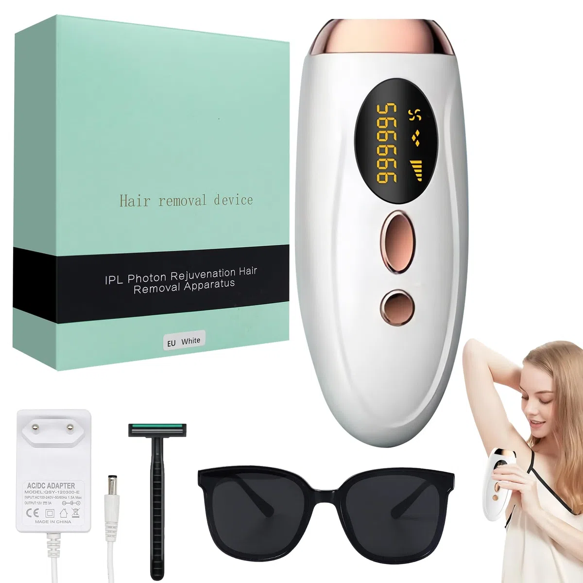 Epilatore Laser IPL, Epilatore Luce Pulsata con Raffreddamento, 5 Livelli di Energia, Epilatore indolore per ascelle, braccia, gambe e tutto il corpo (Bianco)