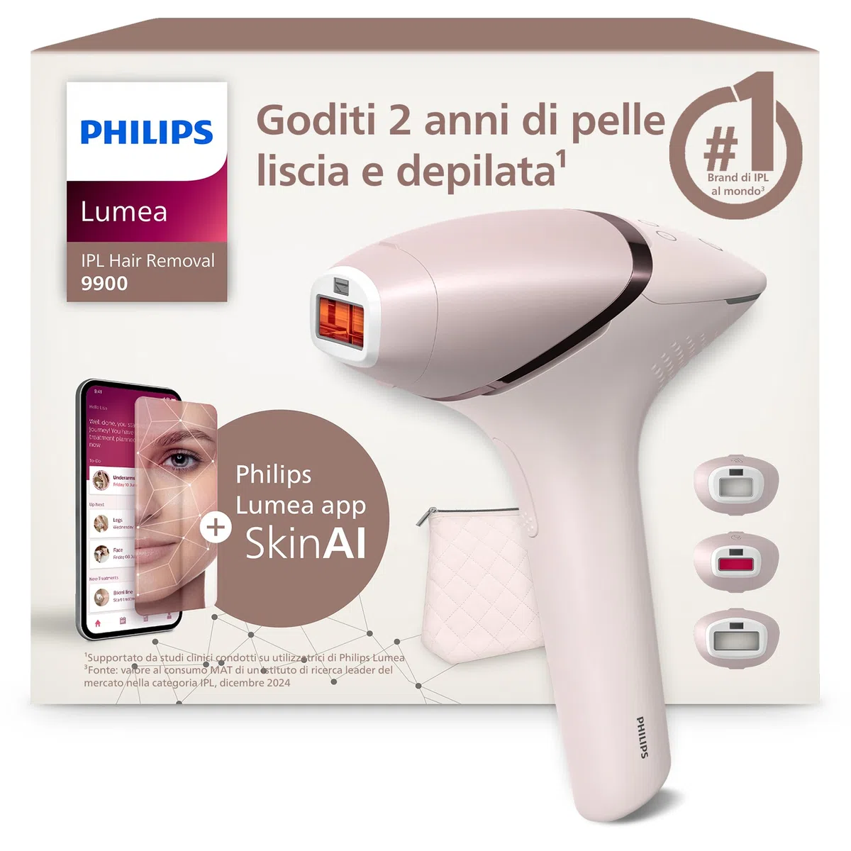 Philips Lumea 9900, dispositivo di epilazione IPL, alternativa ai dispositivi di epilazione laser, SenseIQ e SkinAI, 3 accessori per viso, corpo e zone di precisione, con e senza filo, BRI953/02