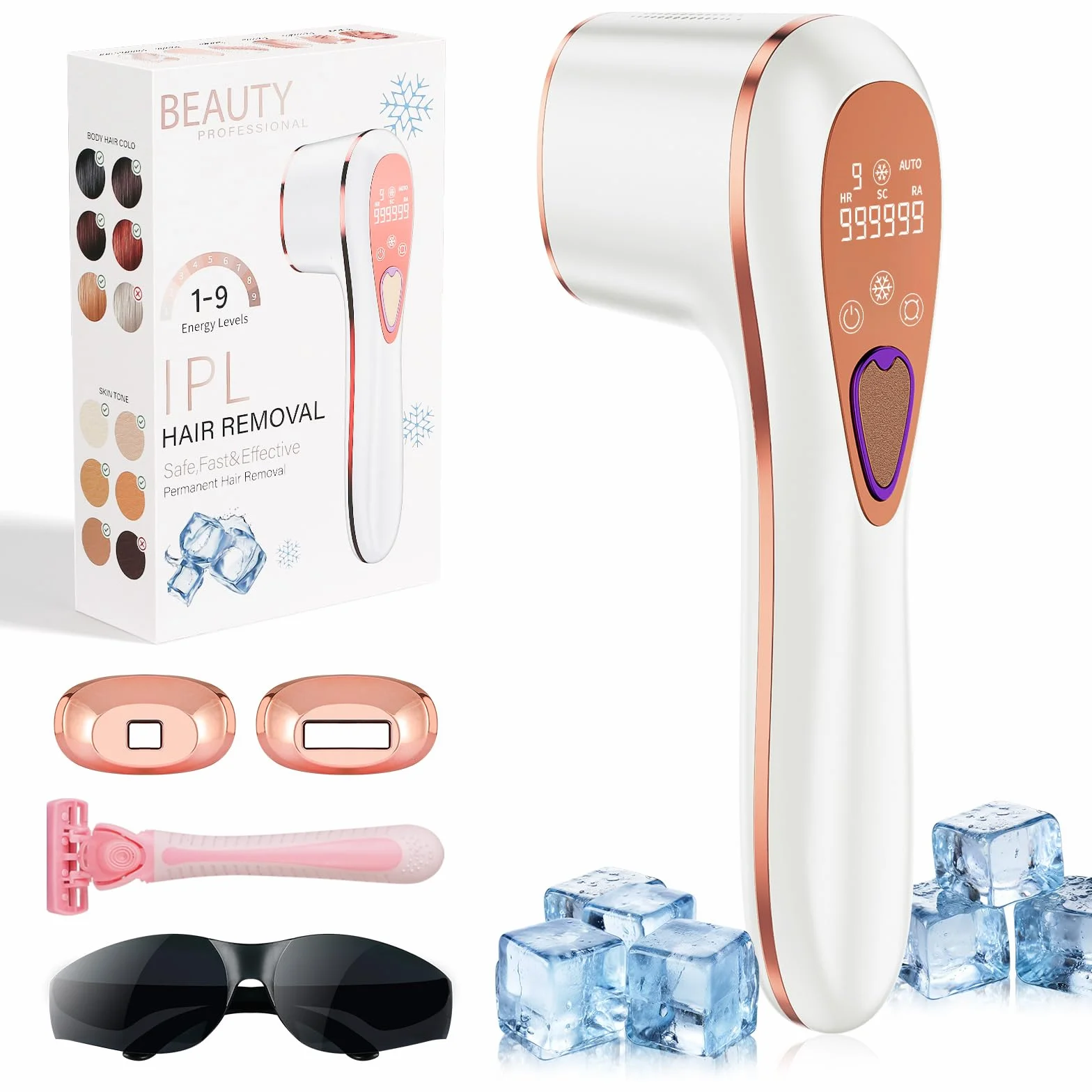 IPL Epilatore Luce Pulsata con Funzione Ghiaccio, 3-in-1 HR/SC/RA Epilatore Laser, 9 Livelli di Energia Regolabile Silk Epil Luce Pulsata per Donna Uomo Corpo Viso Bikini
