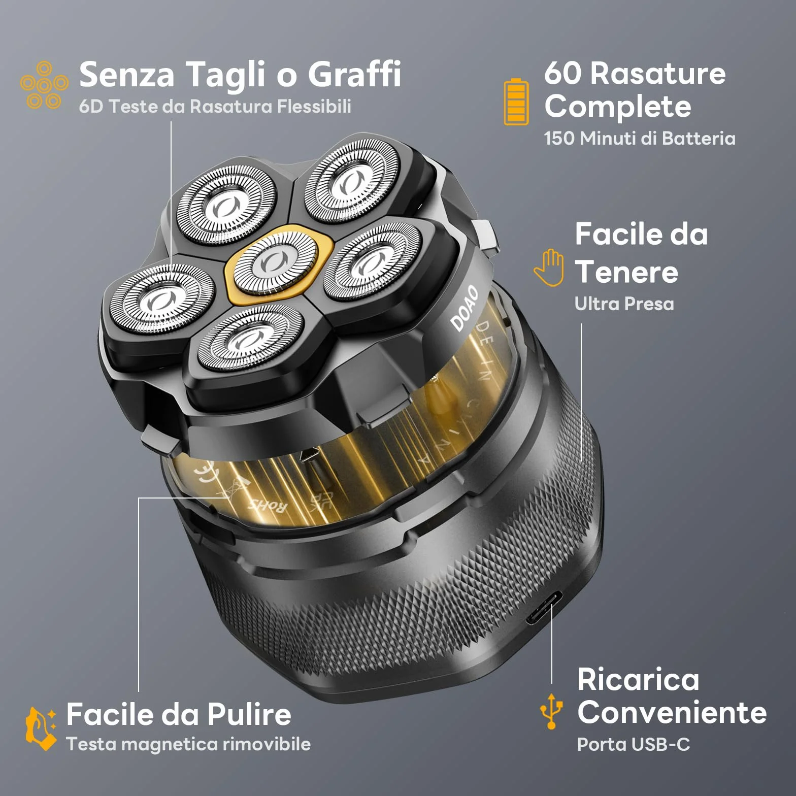 Rasoio Testa Calva, 2025 Aggiornato rasoio Capelli Uomo Testa Calva Impermeabile Cordless 6D rasoio Elettrico Fluttuante Flessibile con rasoio Testa Magnetiche, Interfaccia USB-C