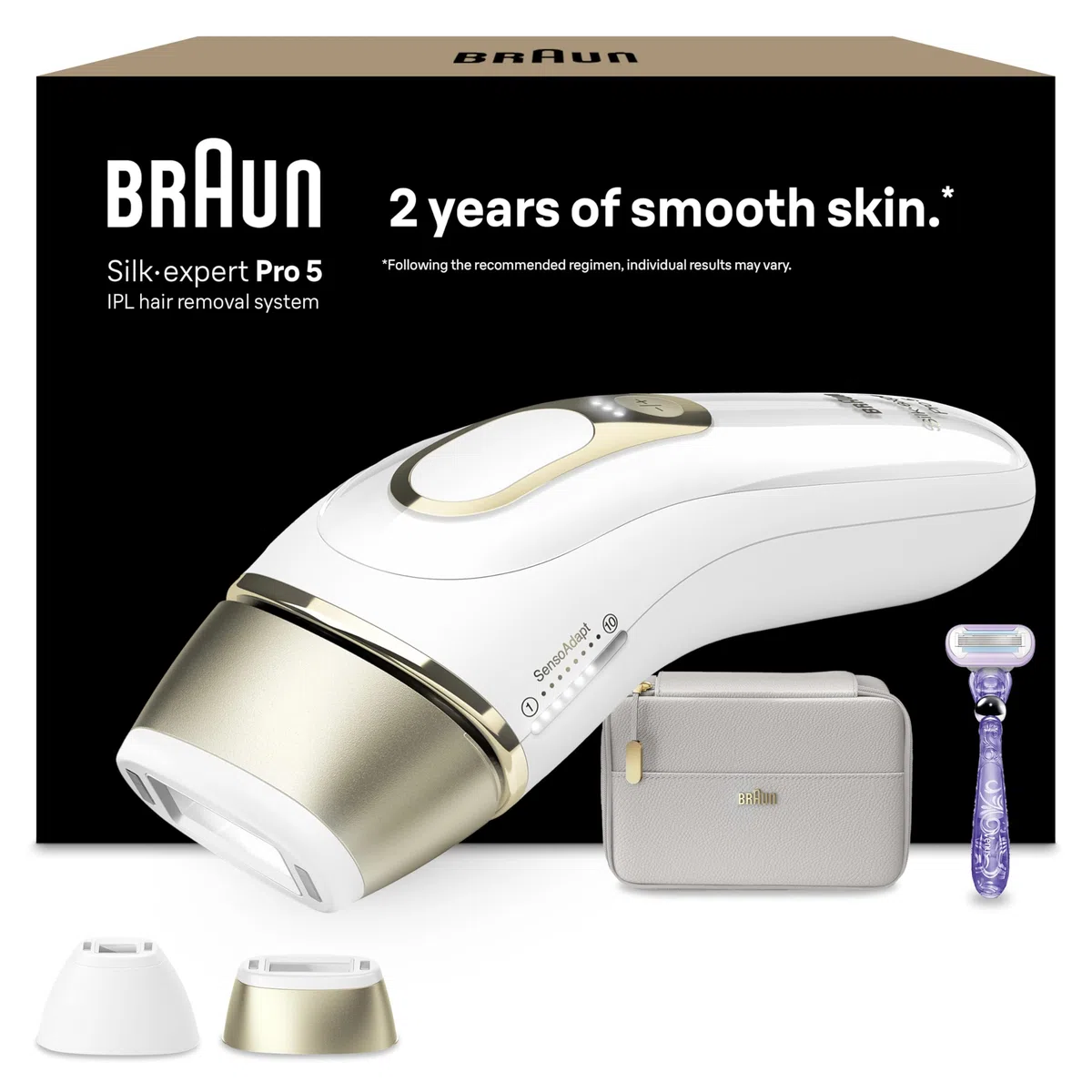Braun Silk Expert Pro 5 Epilatore LUCE PULSATA Alternativa al laser, Ideale per Zone Sensibili, Viso, Bikini e Ascelle, 2 Accessori, Rasoio, Custodia Viaggio, Idea Regalo PL5157 Bianco e Oro
