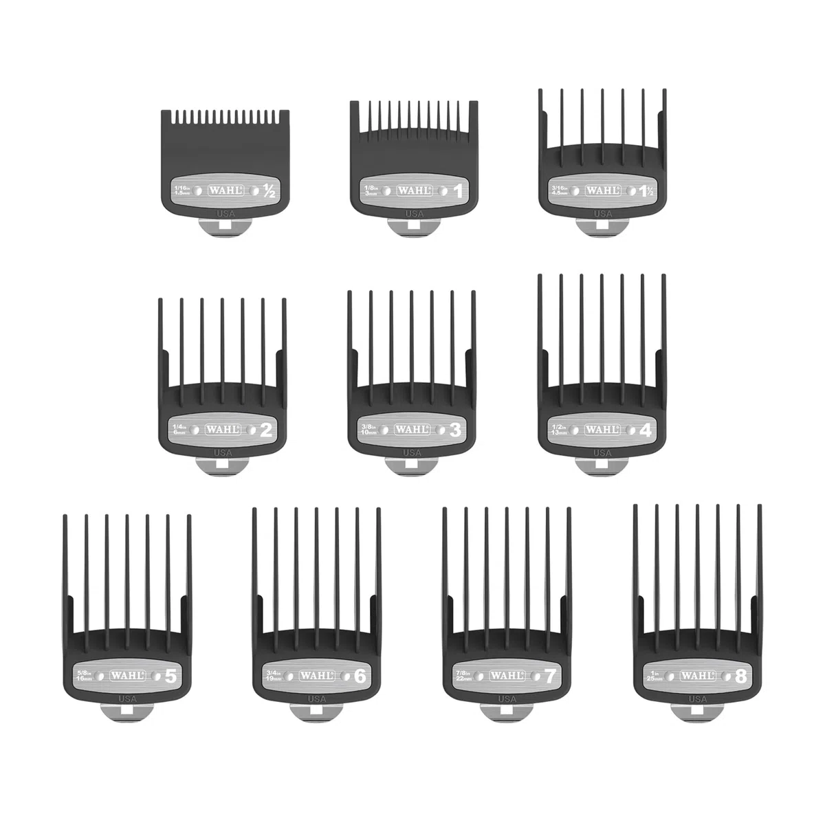 Wahl Premium Cutting Guides con borsa in polietilene - Set di pettini per tagliacapelli premium - Da 1,5 mm a 25 mm - Adatto a tutti i tagliacapelli con cavo Wahl - 10 pz.