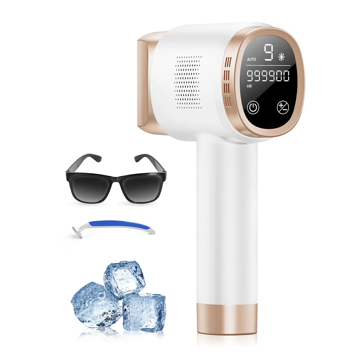 Epilatore Luce Pulsata con Funzione di Raffreddamento a Ghiaccio, Schermo LCD Touch,Modalità di Scorrimento Automatico, Epilatore a Luce Pulsata per Donne e Uomini,Viso, Ascelle, Bikini,Corpo, Bianco