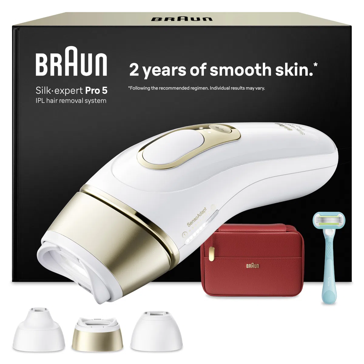 Braun Silk·Expert Pro 5, Epilatore Luce Pulsata Smart, Epilazione Laser Peli Donna a Casa, Riduzione Permanente dei Peli, con 3 Testine, Custodia e Rasoio Gillette Venus, Pl5321